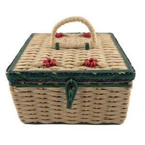 Vintage Japan Wicker Sewing Basket  Cherry Berry Lid Square Box‎ Needs Lining
